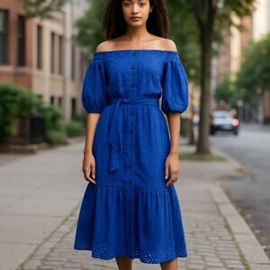 Lauren Ralph Lauren Eyelet Cotton Off-The-Shoulder Dress Women's‎ Blue 4